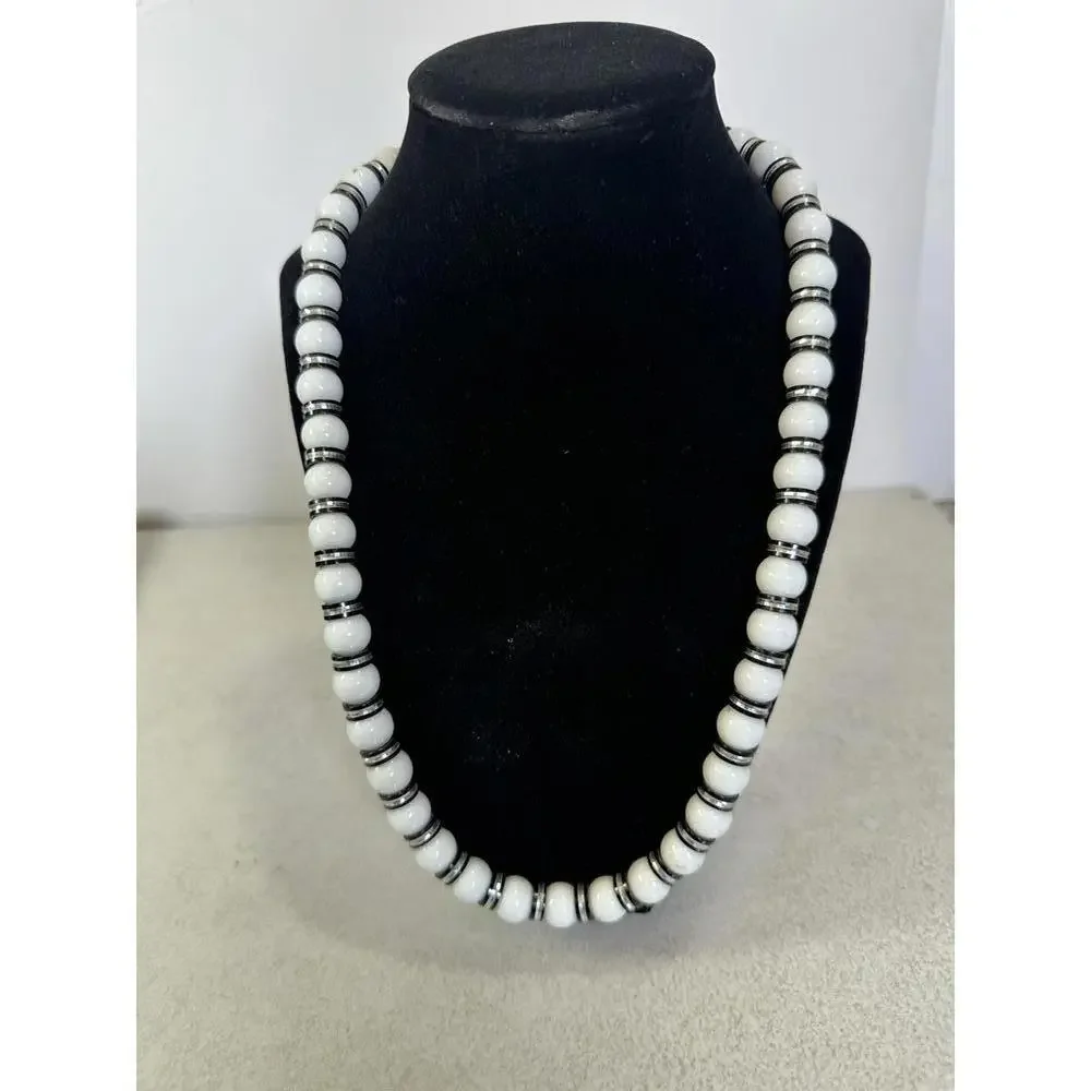VTG Mod White Lucite Bead Necklace Black Silver Spacer 24”